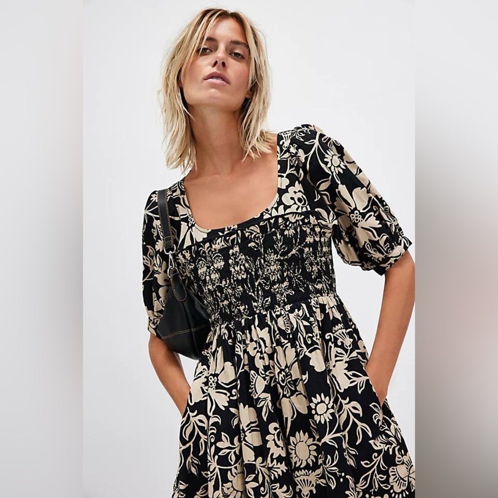 NWOT Free People Dear Delilah Floral A-Line Mini Dress Smocked Pockets Sz XS